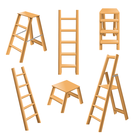 Multi purpose leaning and standing classic wooden ladders realistic 3d collection with step stool isolated vector illustration のイラスト素材