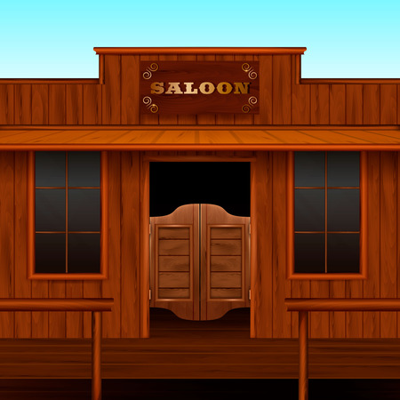 Entrance doors facade realistic 3d composition with vintage american building with sign board and wooden doors vector illustrationのイラスト素材