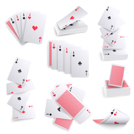Playing cards realistic collection of aces hearts spade spreads layout sets deck back pattern isolated vector illustration のイラスト素材
