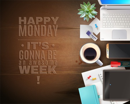 Office objects composition with top view of wooden table with paperwork cup of coffee and text vector illustrationのイラスト素材