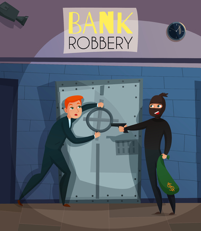 Bank robbery with people crime and breaking symbols flat vector illustrationのイラスト素材