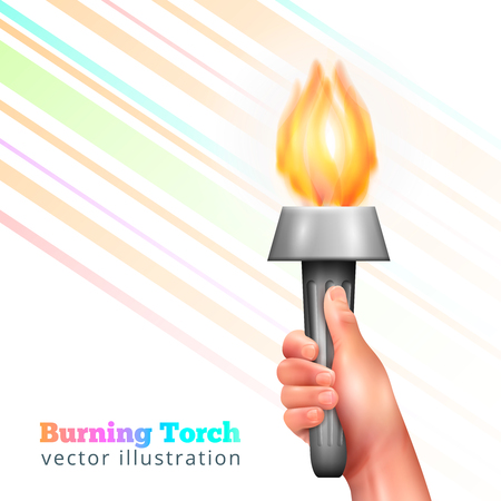 Torch in hand, realistic composition with human hand holding metal torchlight with flame and colorful lines.のイラスト素材