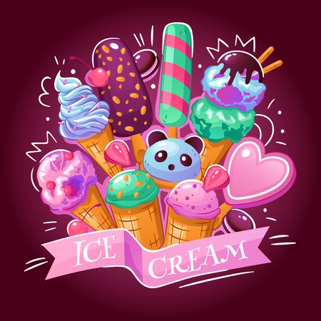 Ice cream products assortment background advertisement poster with delicious frozen yogurt chocolate strawberry Japanese desserts vector illustrationのイラスト素材