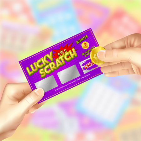 Scratch lottery ticket in hands with coin to rub revealing lucky number realistic advertisement poster vector illustration のイラスト素材