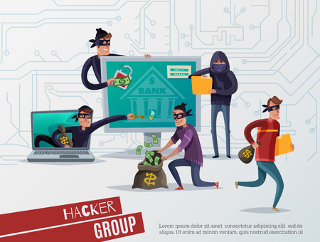 Colored internet hacker composition with hacker group headline and group of thieves steal information vector illustrationのイラスト素材