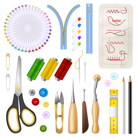 Sewing isolated icons set of centimeter tape zipper scissors buttons needles threads realistic vector illustrationのイラスト素材