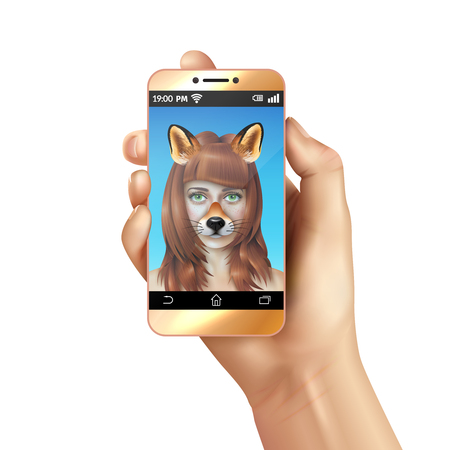 Cute animal faces smartphone mobile app composition with emojji  creation on woman face vector illustrationのイラスト素材