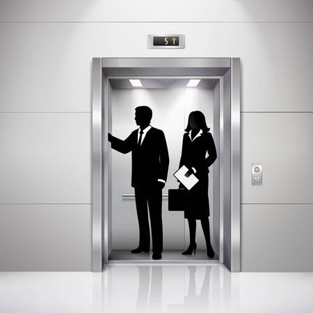 Formally dressed man and woman silhouettes in realistic business center elevator image with lights...