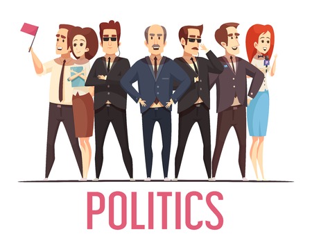 Political election campaign leading candidates public appearance with bodyguards and spouses cartoon characters composition poster vector illustration のイラスト素材