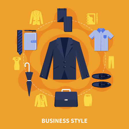 Clothes colored concept with business style description and wardrobe items dark mens suit vector illustrationのイラスト素材