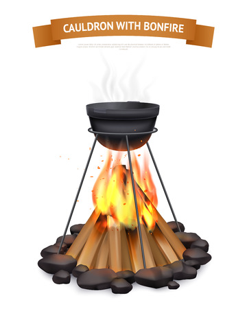 Realistic pot campfire background composition of images with cauldron above realistic bonfire with smoke and text vector illustrationのイラスト素材
