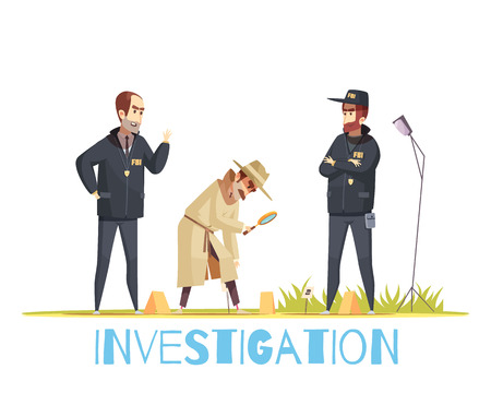Detective composition with doodle style human characters of policemen in uniform and private detective with magnifying lens vector illustrationのイラスト素材