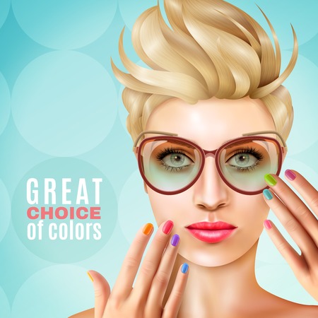 Model face nail polish background with human character of female model with shape and polish manicure vector illustrationのイラスト素材
