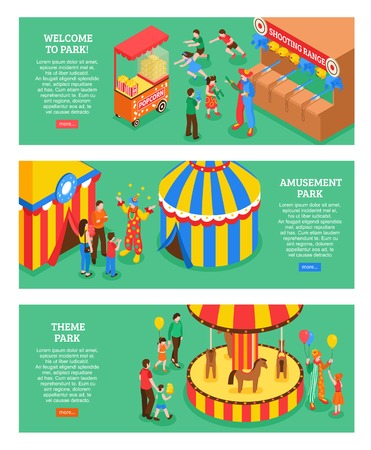 Amusement park horizontal banners with popcorn cart circus tent carousel shooting range  isometric icons 3d vector illustration  のイラスト素材