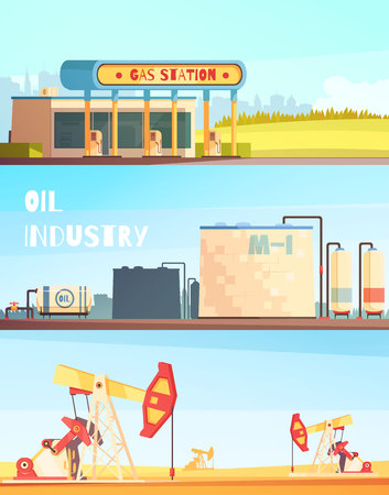 Oil production horizontal banners collection with sunny landscape images of pumping units refinery plant and fuel station vector illustrationのイラスト素材