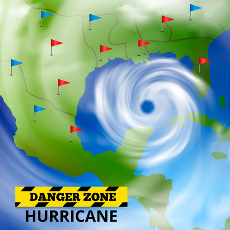 Storm hurricane tornado map realistic composition with weather forecast screen spiral cloud image...
