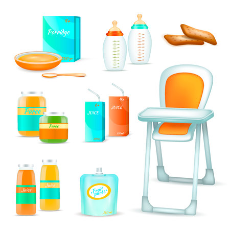 Baby food realistic 3d set of isolated childhood nutrition icons and high chair for feeding child vector illustrationのイラスト素材