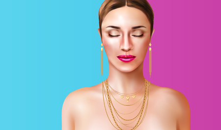Woman wearing jewelry accessories on blue and pink backgroundのイラスト素材