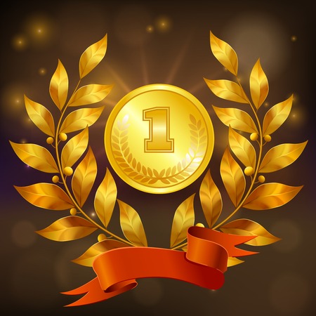 Golden medal with laurel wreath and red ribbonのイラスト素材