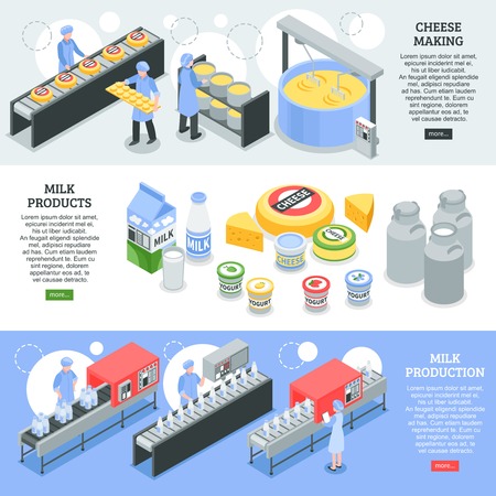 Milk production, cheese making, dairy products, horizontal isometric banners with factory equipment isolated vector illustration  のイラスト素材