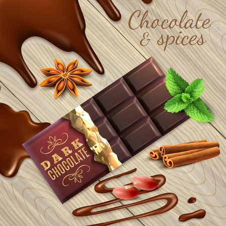 Dark chocolate, peanut and spices cinnamon sticks, anise, mint on light wooden background realistic vector illustrationのイラスト素材