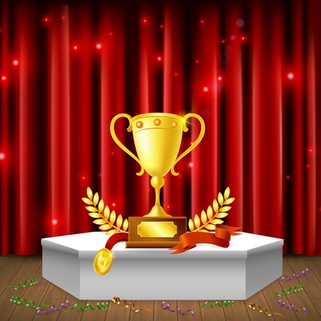 White pedestal with awards, streamers on floor, realistic composition on background of red sparkling curtain vector illustrationのイラスト素材