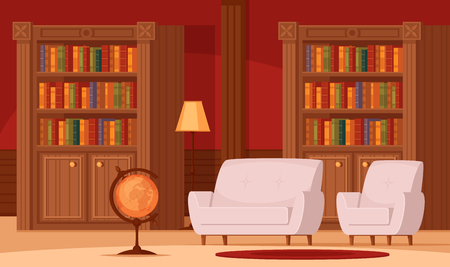 Traditional library interior flat orthogonal composition with bookshelves terrestrial globe lamp comfortable couches carpet vector illustrationのイラスト素材