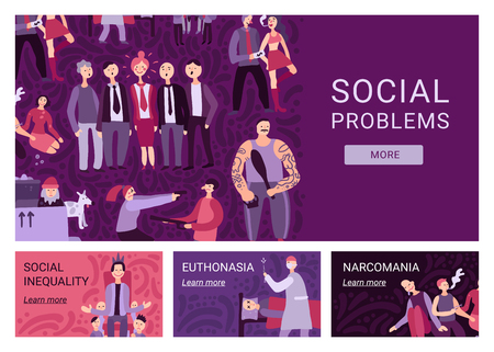 Social problems horizontal banners demonstrating information about narcomania euthanasia social inequality flat vector illustrationのイラスト素材