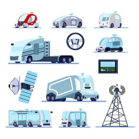 Autonomous vehicles cruise system flat icons set with unmanned car truck bus radar gps controlled vector illustration のイラスト素材
