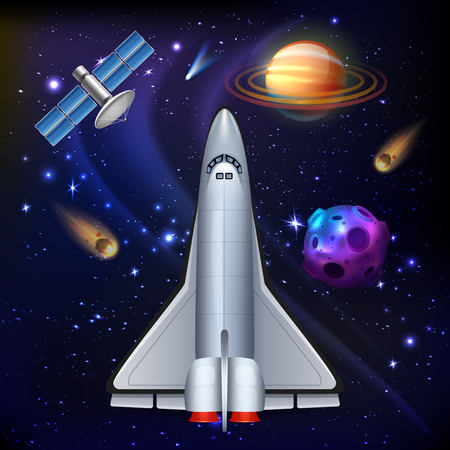 Cosmos realistic composition with images of space shuttle and artificial satellite on colourful galaxy sky background  illustrationのイラスト素材