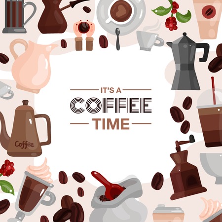 Coffee time decorative frame composed of coffee pot cezve coffee grinder devices flat vector illustration  のイラスト素材