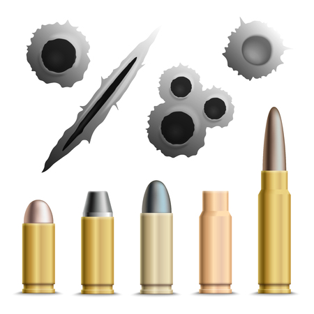 Bullets and holes realistic set of isolated grey bullet holes and metallic ammunition rounds with shadows illustrationのイラスト素材