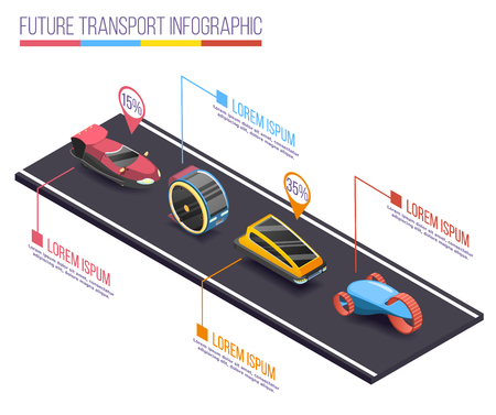 Future transport isometric infographic composition with colourful futuristic cars on motorway connected with editable text captions vector illustrationのイラスト素材