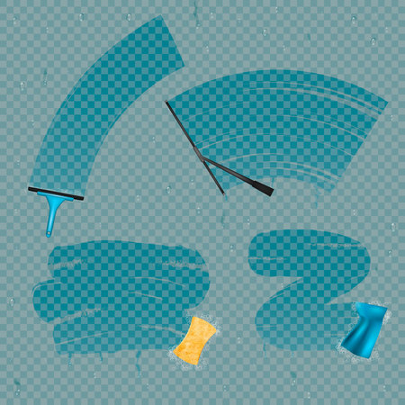 Wipe glass stains realistic collection of window cleaning equipment and splotches on glass with transparent background.のイラスト素材