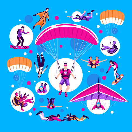 Skydiving and parachuting set on blue background flat isolated vector illustrationのイラスト素材