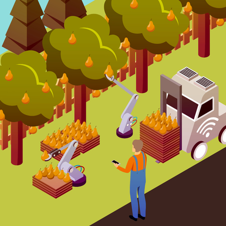 Agricultural robots isometric composition with outdoor scenery and pear trees with electronically controlled manipulators collecting fruits vector illustrationのイラスト素材
