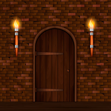 Entrance doors facade realistic 3d composition with brick wall two torch lights and arched wooden door.のイラスト素材