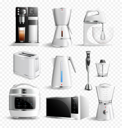 White household kitchen appliances icon set in realistic style on transparent background vector illustrationのイラスト素材