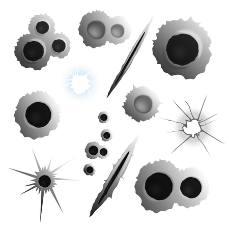 Bullet shot holes realistic set of isolated images with various puncture and shell holes on blank background vector illustrationのイラスト素材