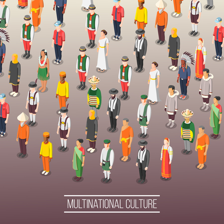 Multinational world culture background with people figurines dressed in national costumes isometric vector illustrationのイラスト素材