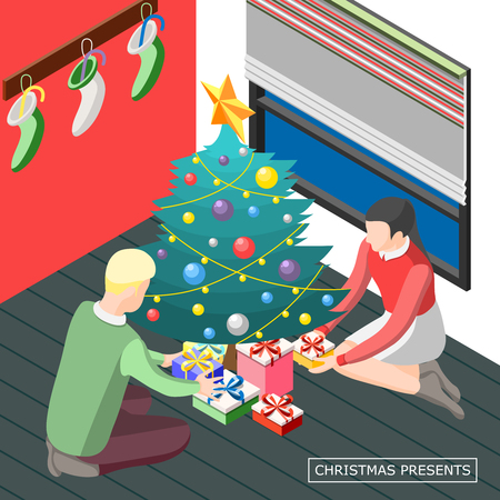 People sitting on floor near year tree with christmas presents in decorated room isometric background vector illustrationのイラスト素材