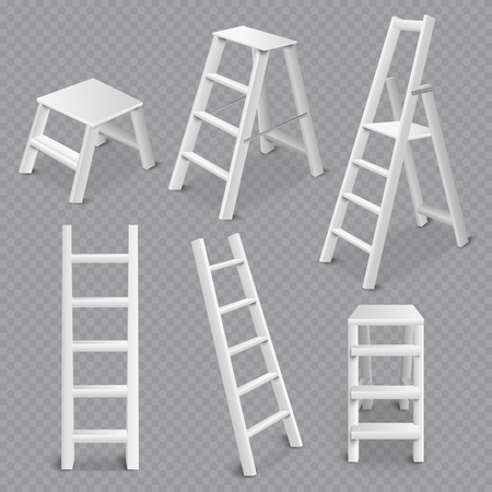 Multi purpose ladders realistic 3d collection including folding standing leaning and step stool transparent white vector illustrationのイラスト素材