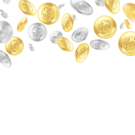 Crypto currency, flying golden and silver coins, virtual money on white background, realistic vector illustrationのイラスト素材