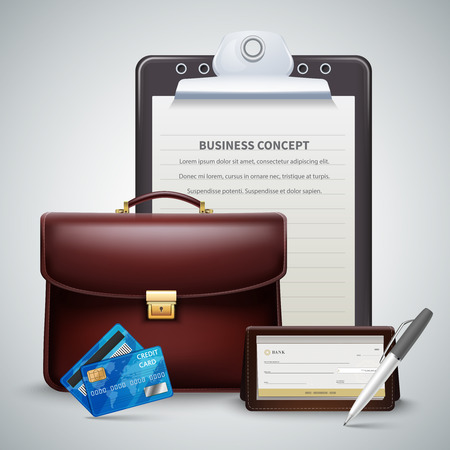 Realistic concept with personal things of businessman including plastic cards planner bag clipboard pen vector illustrationのイラスト素材