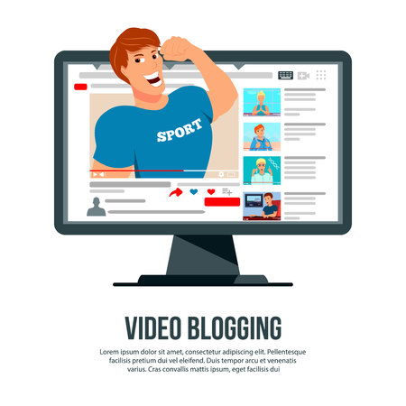 Video blogging popular sport author character popping out of computer screen flat advertisement website header vector illustration のイラスト素材
