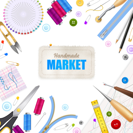 Handmade market realistic white background with frame compose of sewing tools and accessories vector illustration  のイラスト素材