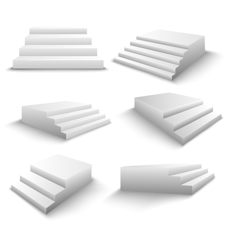 White stairs realistic 3d elements set with various viewpoints and shadows isolated vector illustrationのイラスト素材