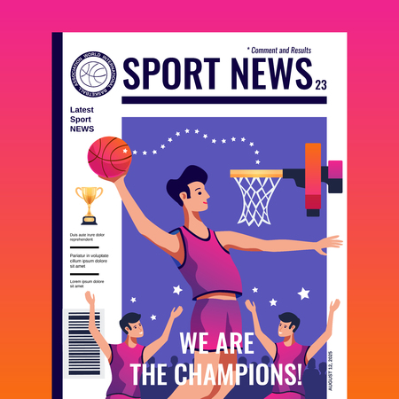 Sport news magazine color cover with basketball team became champions flat vector illustrationのイラスト素材