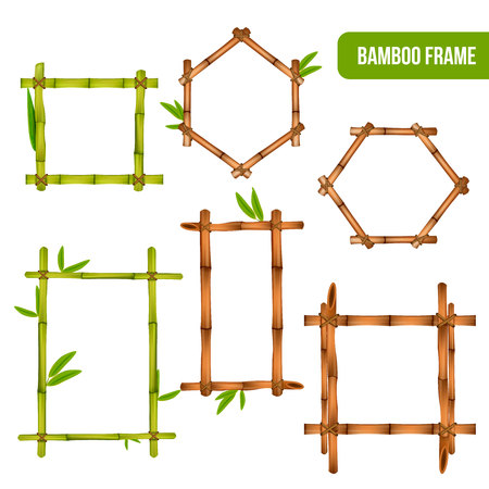 Green and dry bamboo decorative interior elements square rectangle and hexagon frames realistic set isolated vector illustrationのイラスト素材