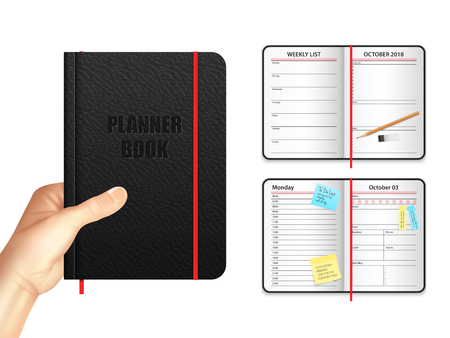 Planner book design concept with organizer in open and closed form with weekly and monthly list and stickers realistic vector illustrationのイラスト素材